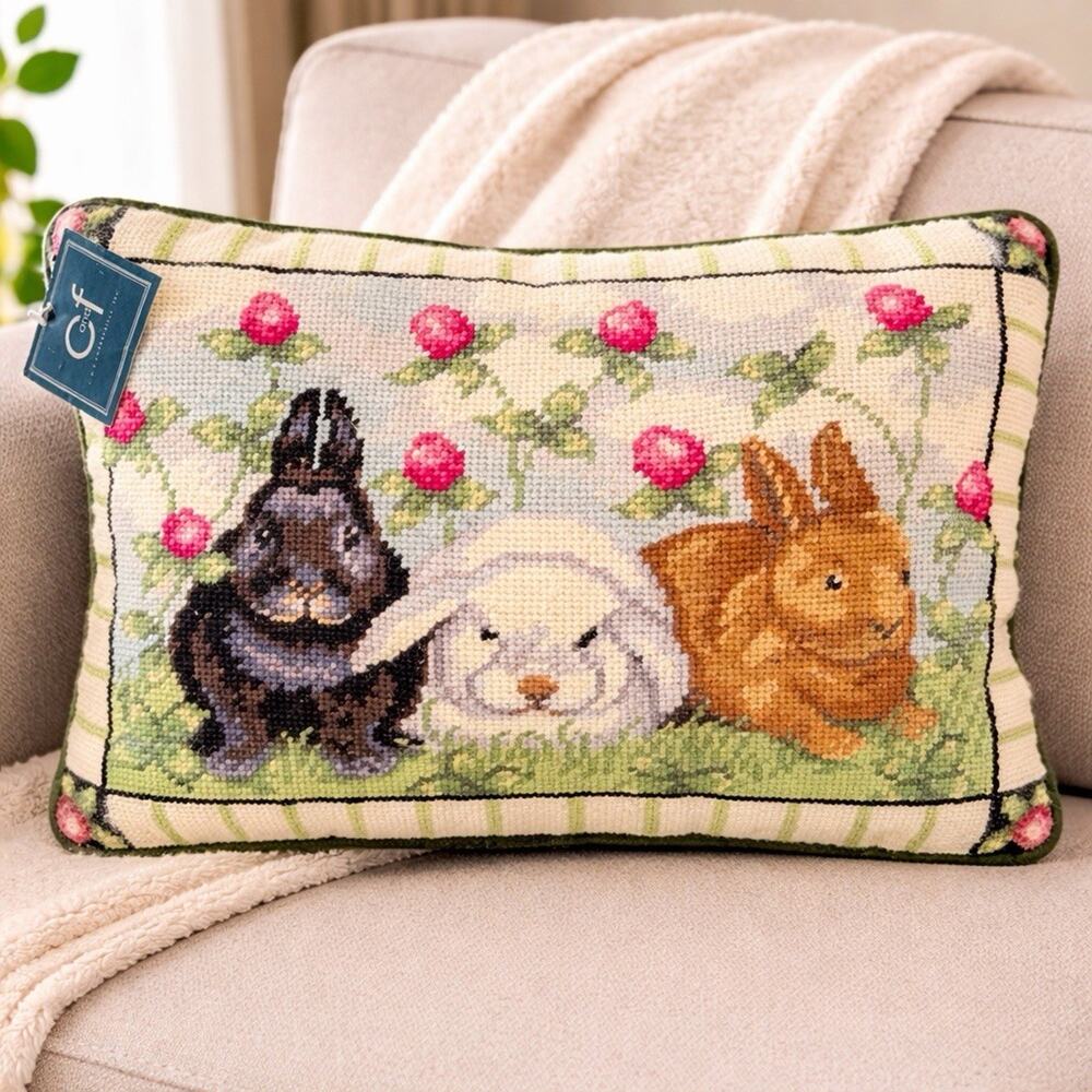 Vintage Needlepoint Bunny Rabbit Throw Pillow Floral Cottagecore NWT Garden
